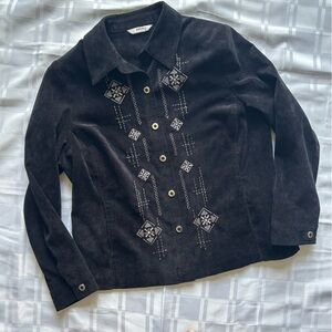 Alia Petites Black Corduroy Long Sleeve Button Up Embroidered Shirt